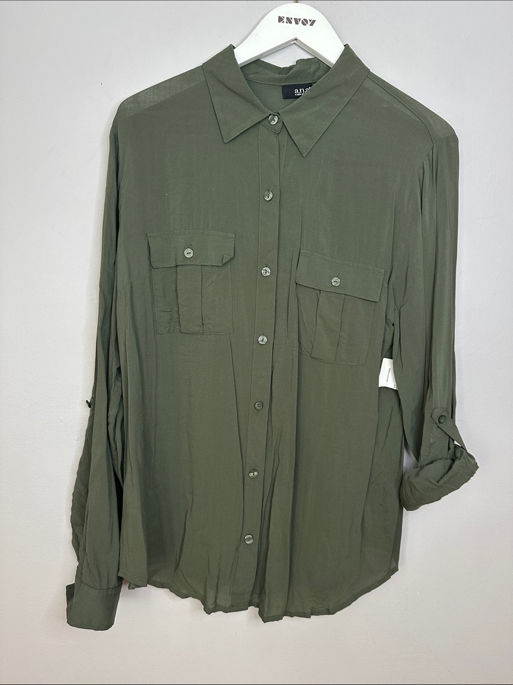 a.n.a Button-Front Olive Green Shirt size L NWT